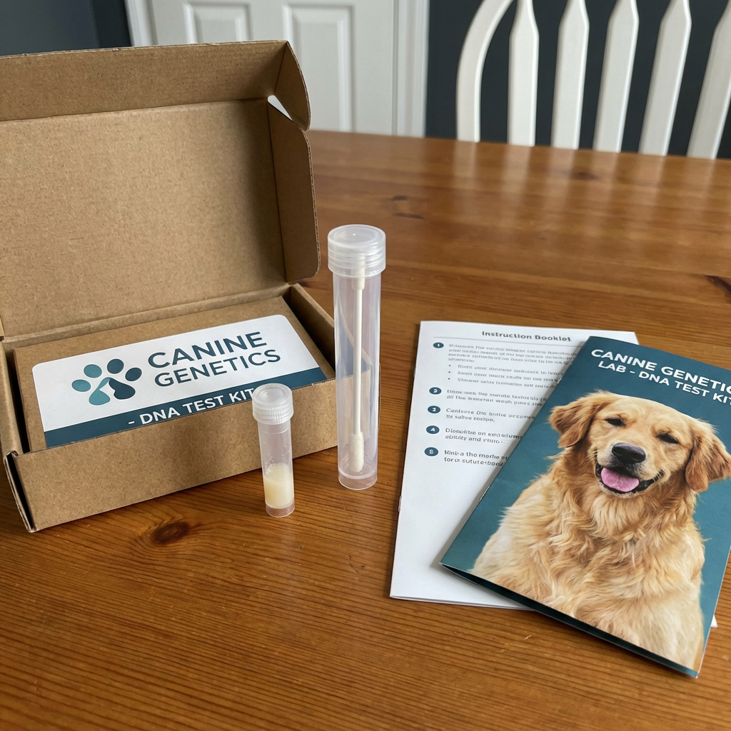 A canine DNA test kit with vials, swab, and instructions on a wooden table.