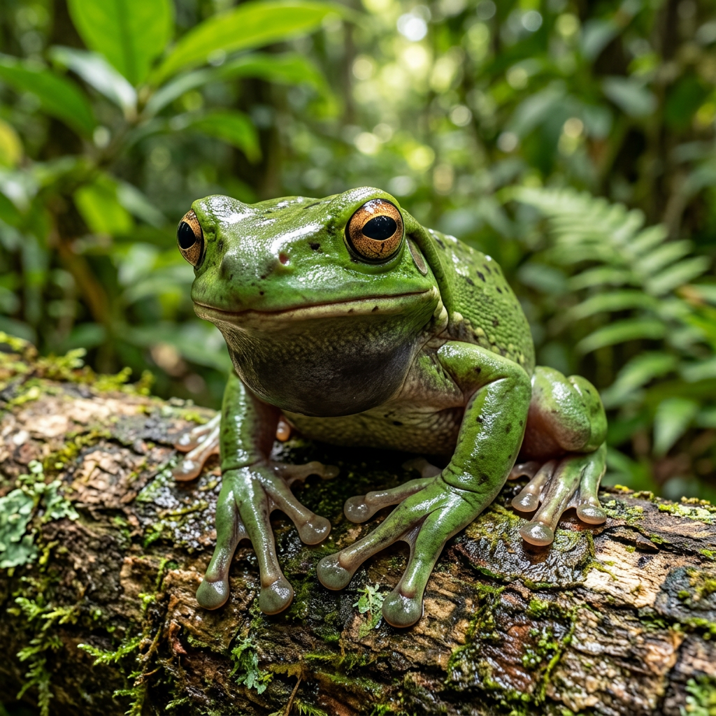 Green tree frog with golden eyes sitting on moss-covered log surrounded by green foliage