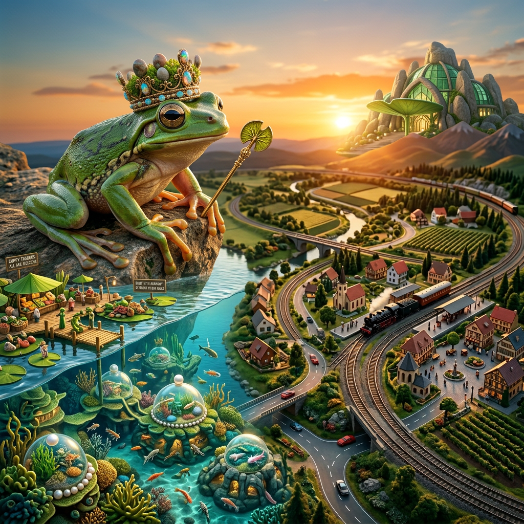 Green frog perched on rock next to model village with trains and roads at sunset