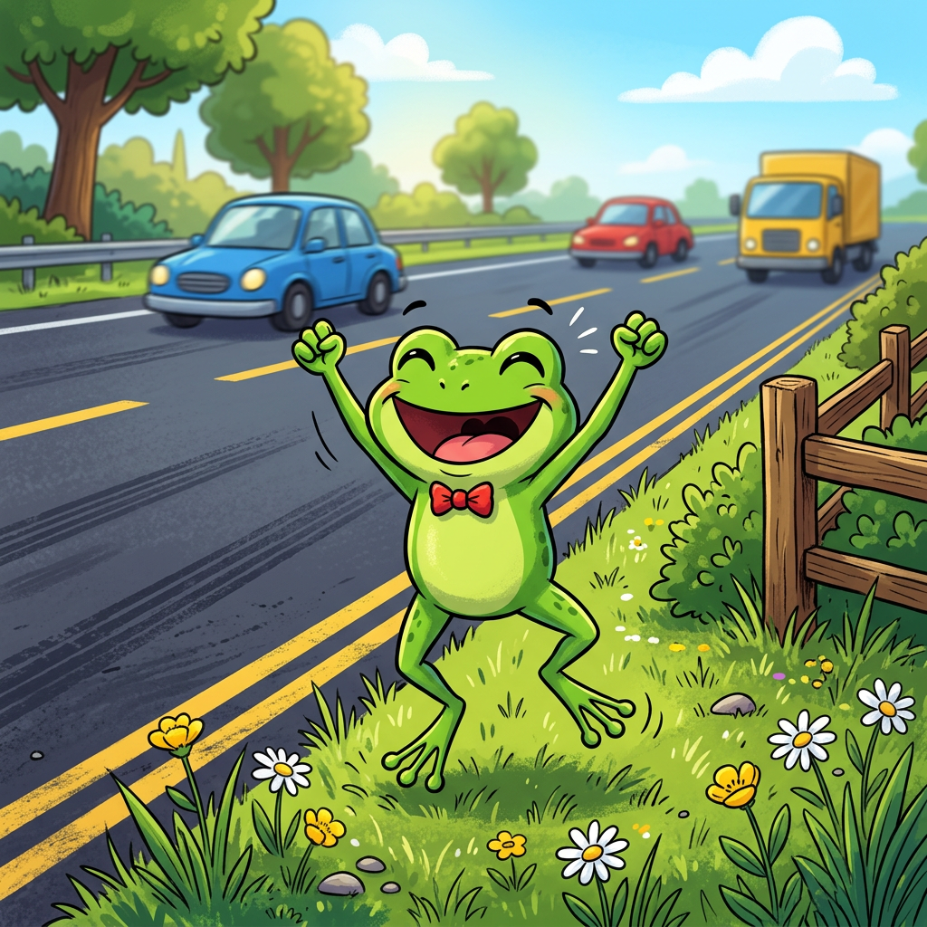 Cartoon frog with a red bow tie happily raising its arms beside a road with vehicles.