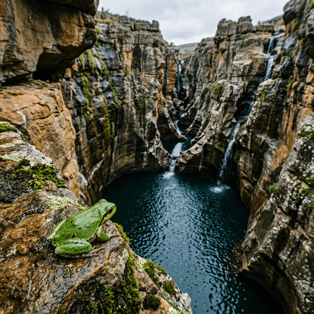 Green frog perched on mossy rock overlooking canyon with waterfalls and blue-green water pools
