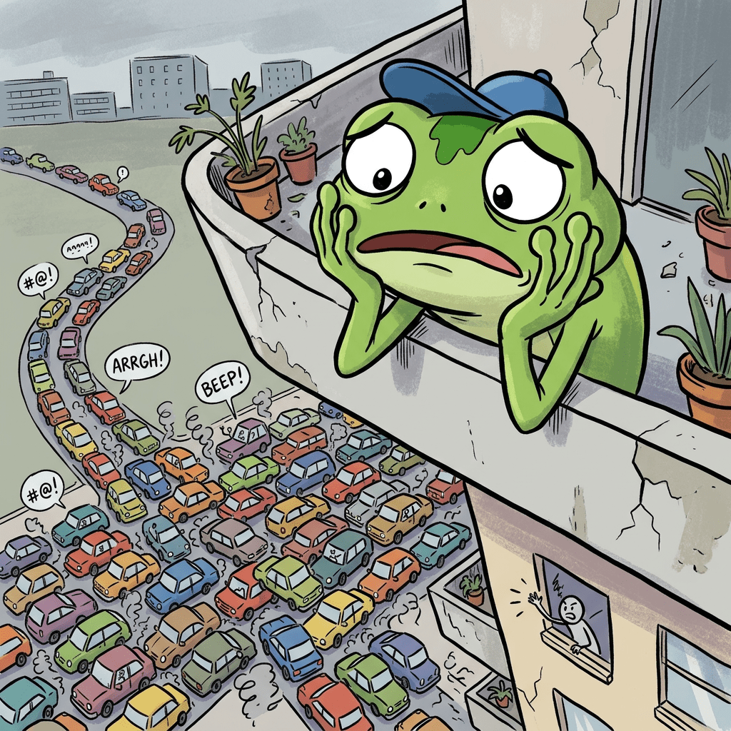 Cartoon frog with blue cap looking worried from a balcony at congested traffic below with honking cars