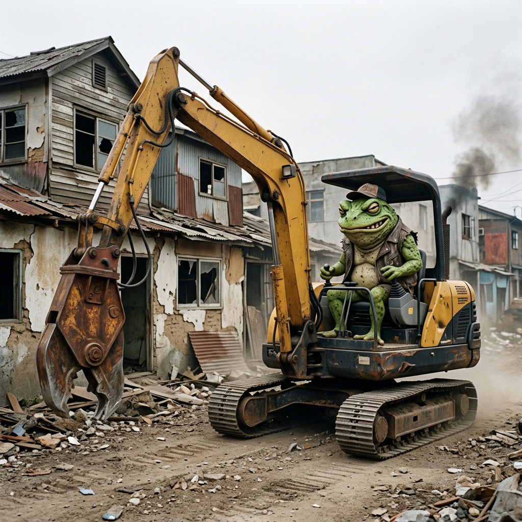 Cartoon green frog wearing a vest and hat driving a yellow excavator in a dilapidated neighborhood