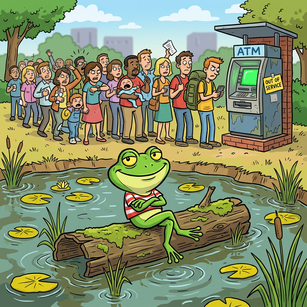People frustrated in line at an out-of-service ATM with a relaxed frog on a log in a pond