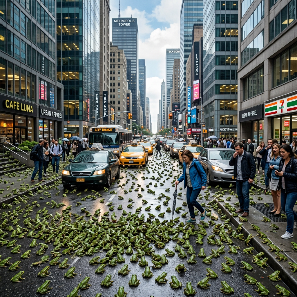 Hundreds of frogs covering a busy city street with cars and pedestrians