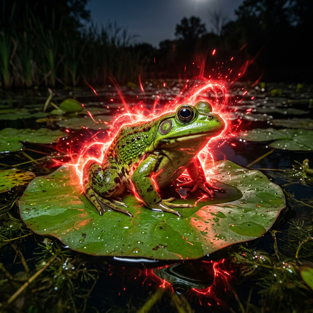 Green frog sitting on a lily pad with red glowing energy effects at night