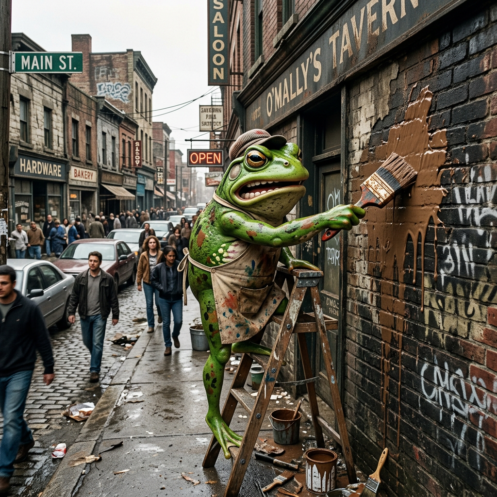 Anthropomorphic frog in apron and hat painting over graffiti on brick wall
