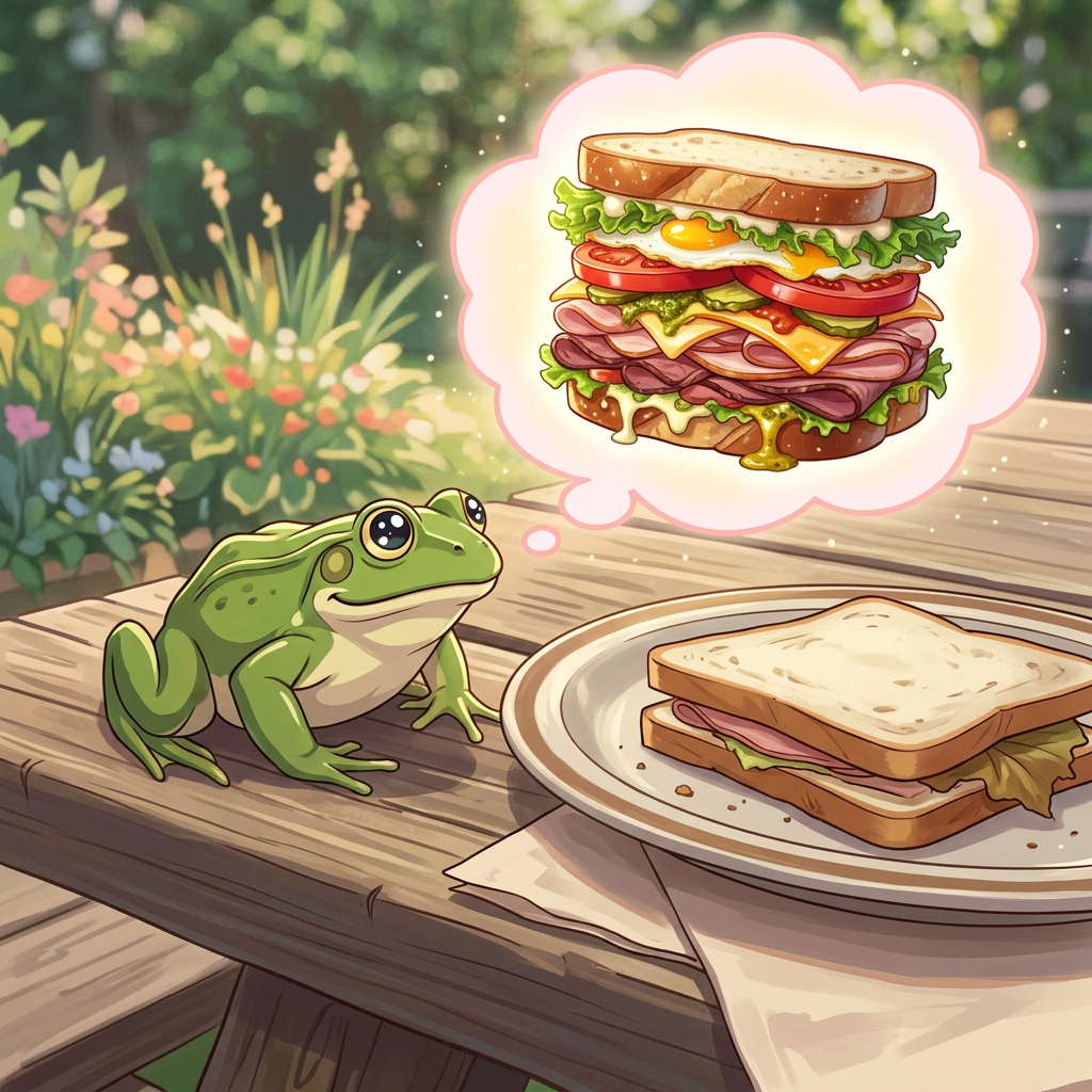 Green frog beside a turkey and lettuce sandwich on a wooden table