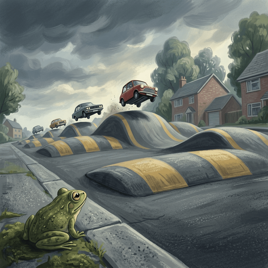 Frog watching vintage cars jump over oversized striped speed bumps