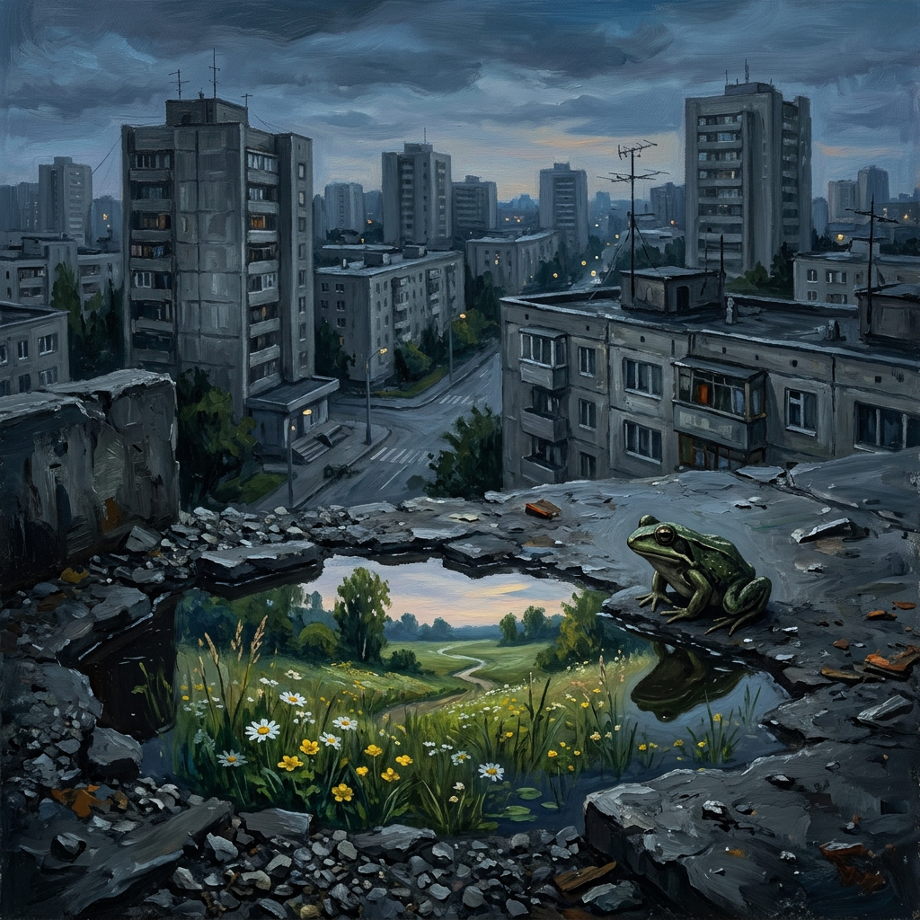 Frog beside a puddle reflecting a meadow on a ruined city rooftop