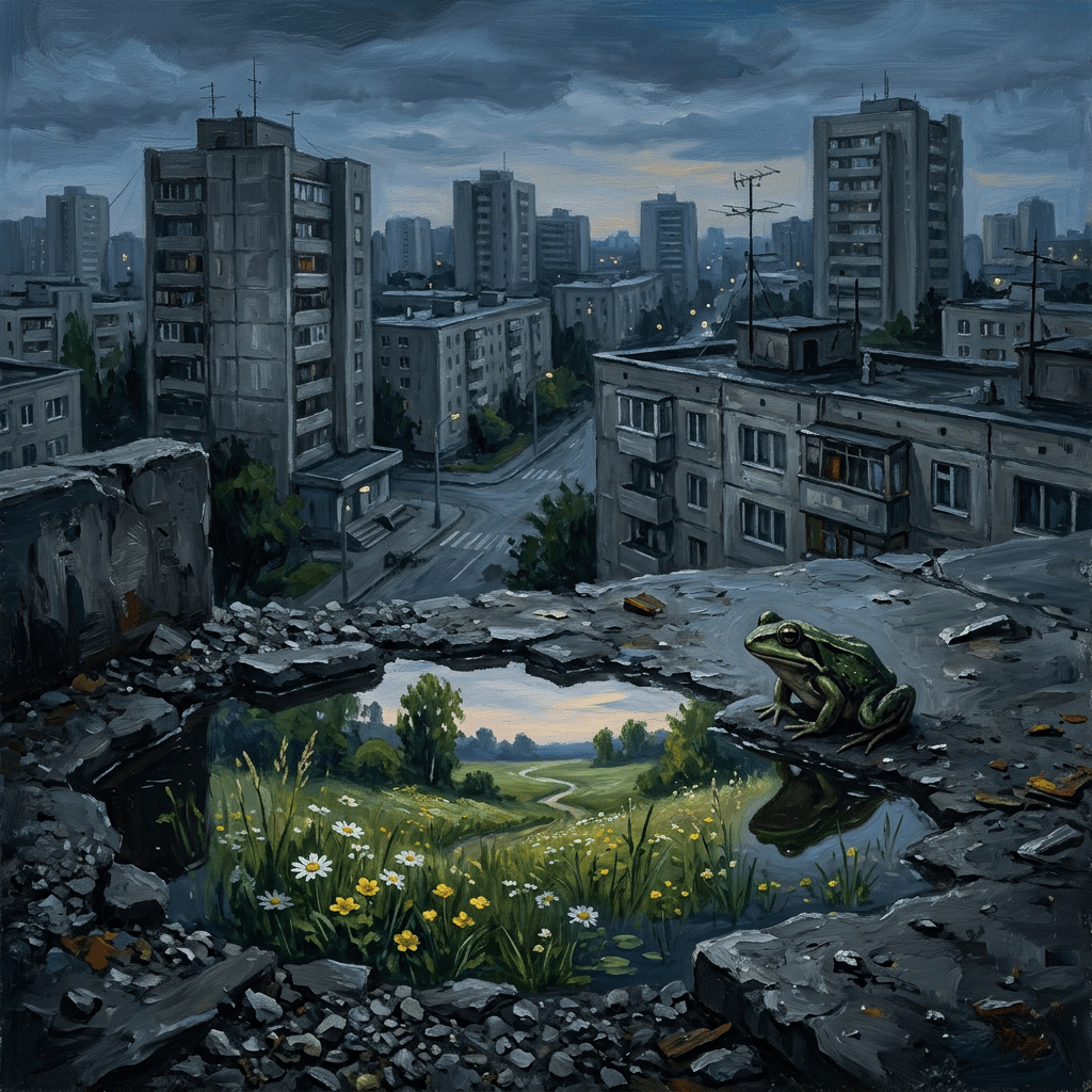 Frog beside a puddle reflecting a meadow on a ruined city rooftop