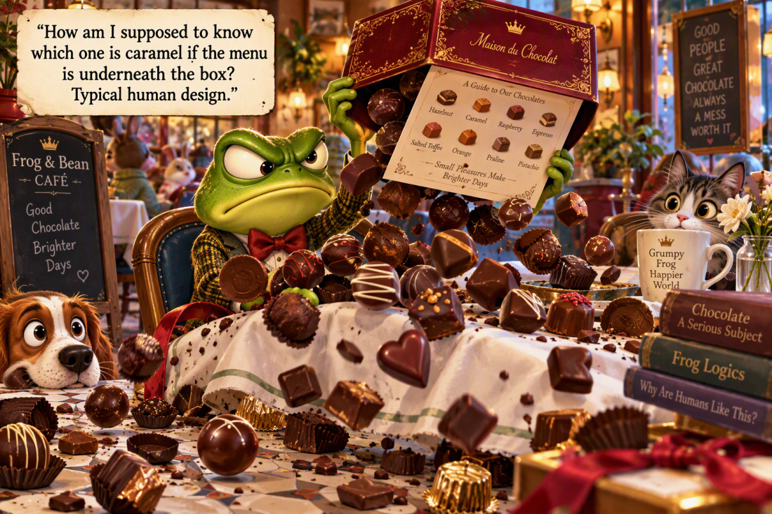 the image shows the frustrations of the menu for a chocolate box being printed on the underside