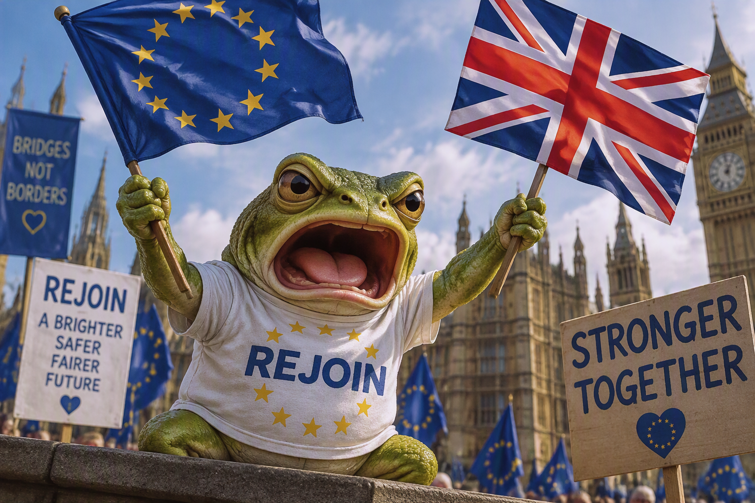 The image shows the character Froggy waving an EU and UK flag in support of rejoining the EU