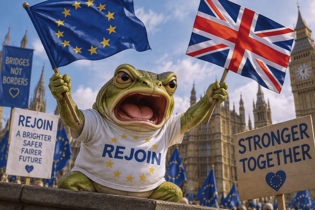 The image shows the character Froggy waving an EU and UK flag in support of rejoining the EU