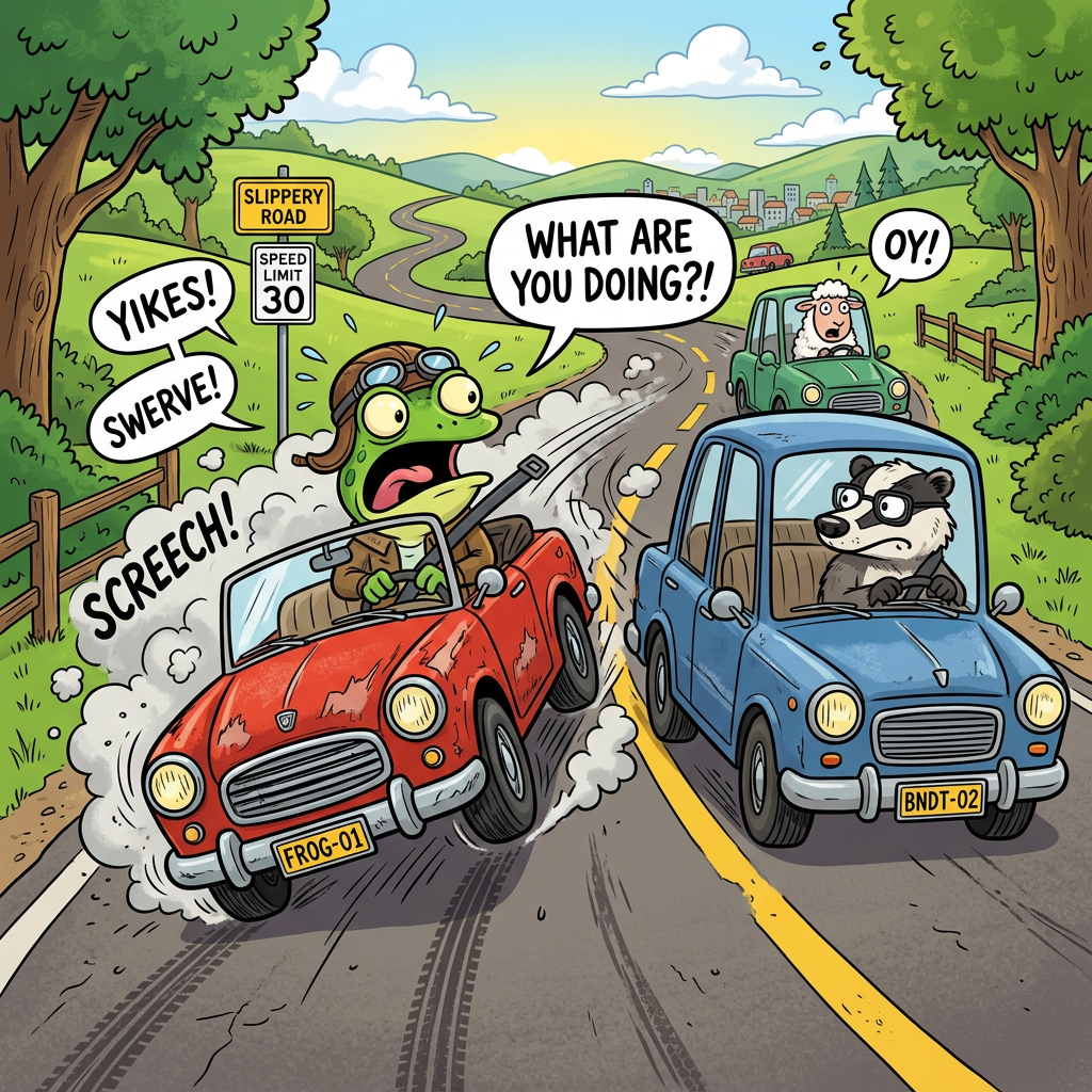 Cartoon frog skidding red car past Slippery Road and Speed Limit 30 signs; speech bubbles read Yikes!, Swerve!, Screech!, What are you doing?!, and Oy!; blue car license B N D T-02, red car license FROG-01.